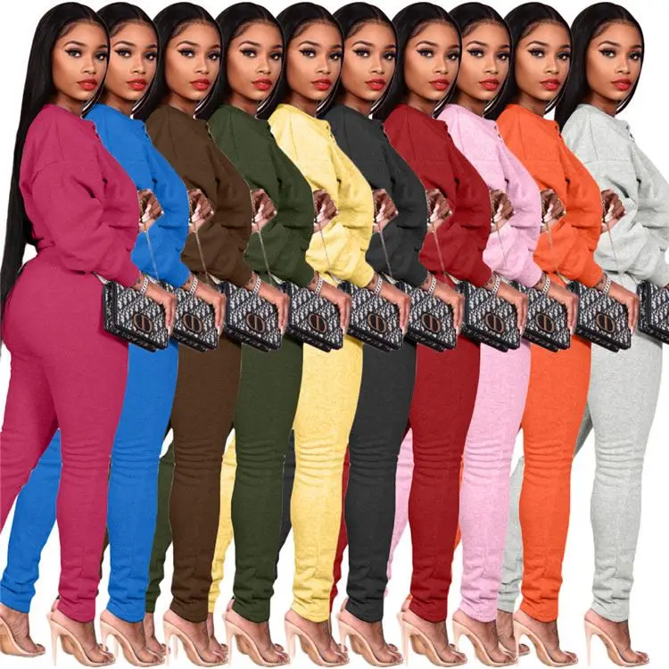 

2021 Lady 2 PCS Tracksuit Solid Bandage Sweatshirt Pants Winter Plus Size Women Clothing Two Piece Set, Picture
