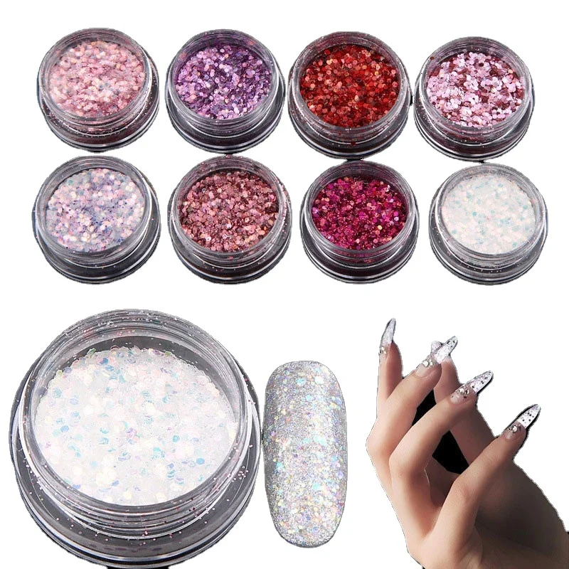 

8pcs/set nail glitter sequins ultra-thin 3g mixed size hexagon super shining paillette flake 3D nail art decorations sequins, Customized
