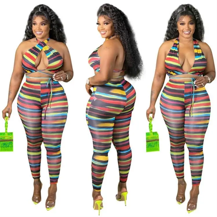 

OSINA Hot Sale Bra Sext Bandage Colorful Striped Plus Size Women Clothing Outfits 2 Piece Two Piece Summer Sets