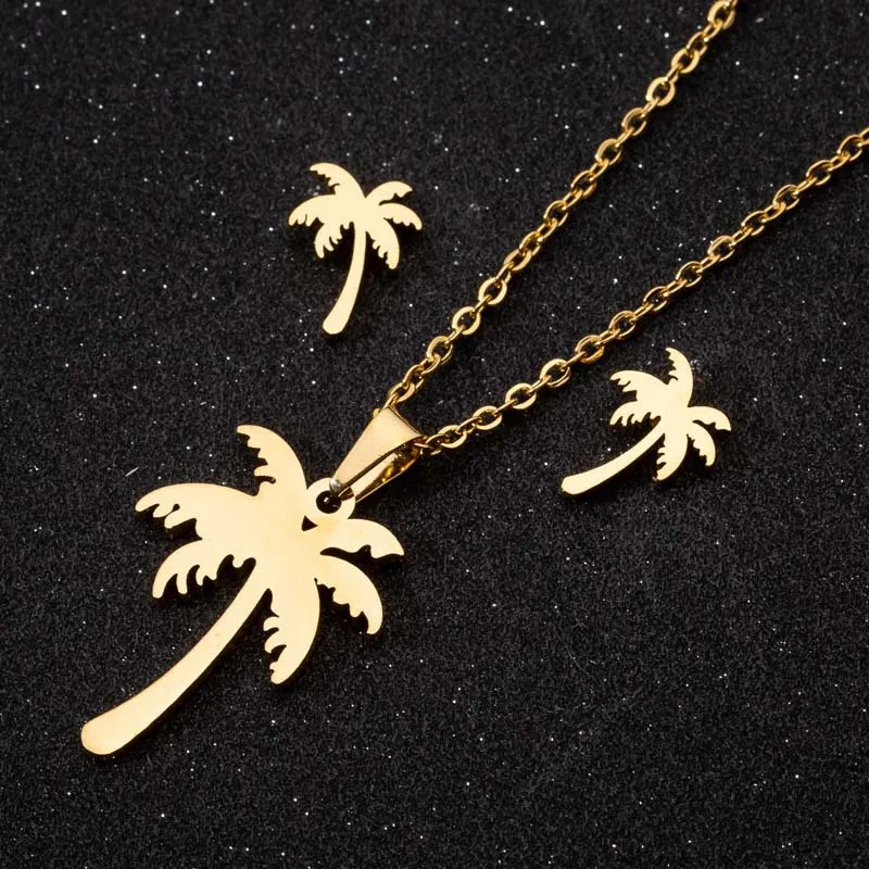 

Trendy 18K Gold Silver Plated Coconut Palm Tree Pendant Earring Necklace Set Stainless Steel Jewelry For Women