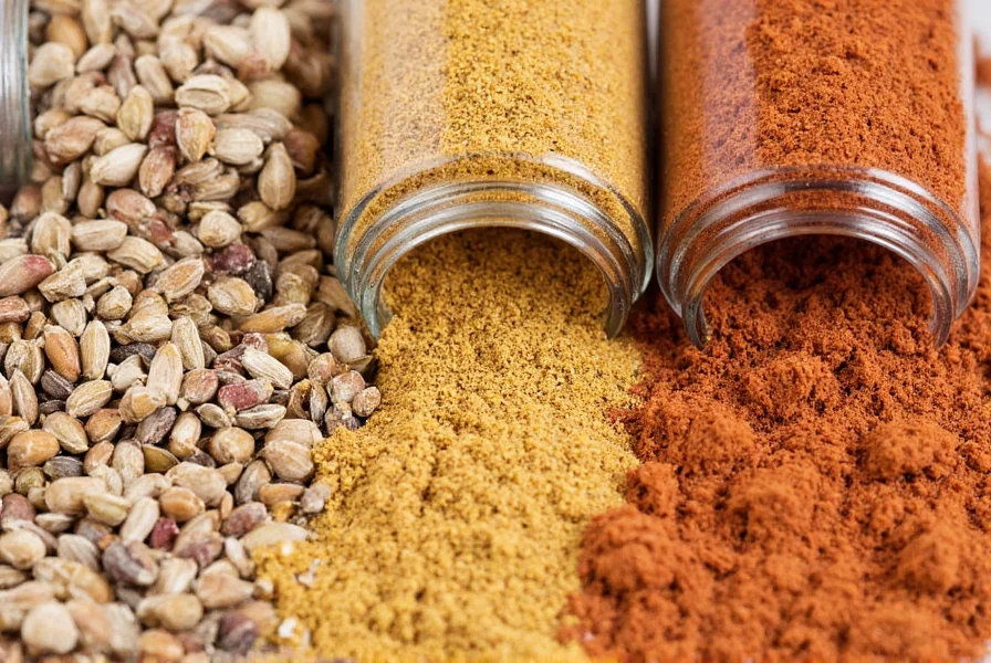 Close-up of various spice jars including cumin, coriander seeds, and garam masala for ground coriander substitute comparison