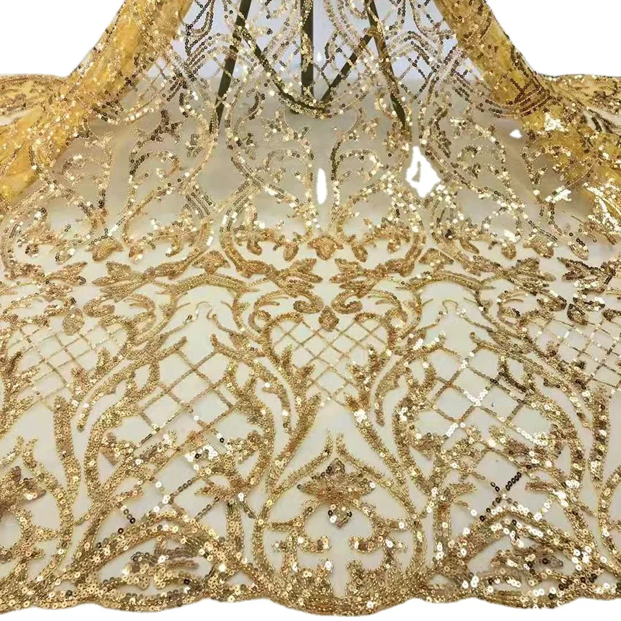 

Gold Color French Sequins Net Lace Fabrics With Beads Beautiful High Quality Embroidery Wedding Dress Lace Material