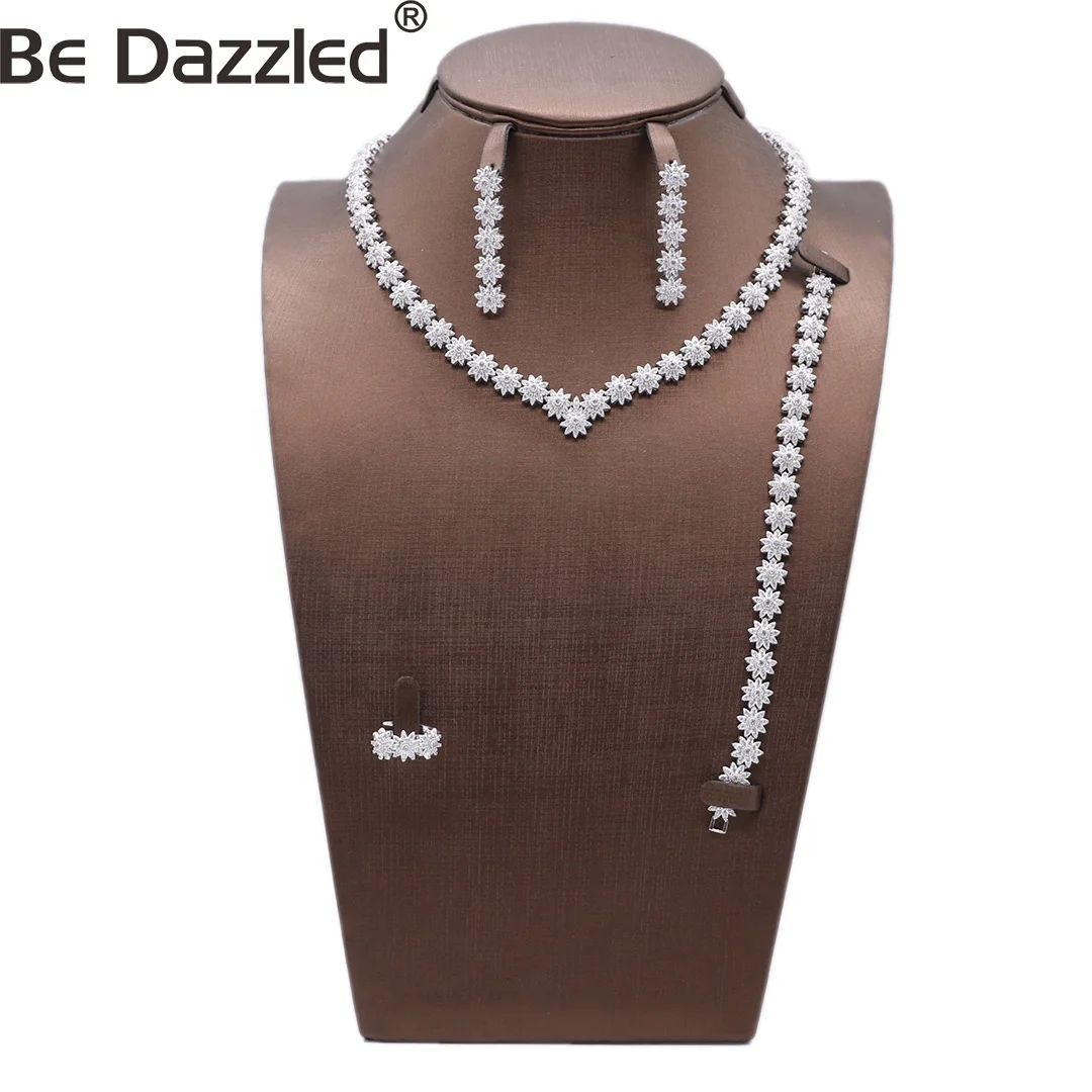 

Bridal Bridesmaid Brand Flower Set V Necklace 4 Pieces AAA+zircon Jewelry Sets Wedding