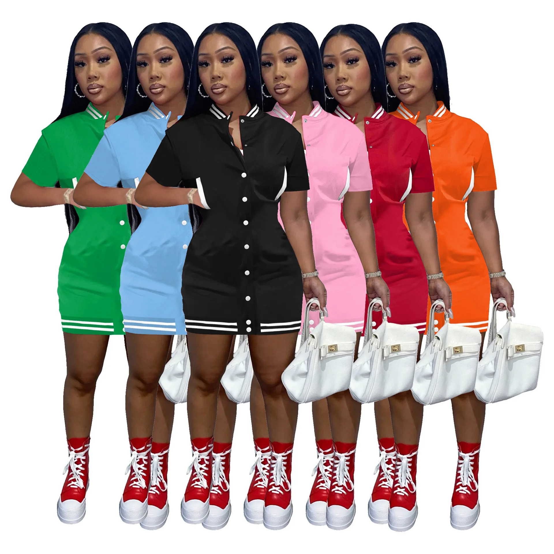 

2022 Summer New Arrivals Women Button Down Dress With Pockets Short Sleeve Mini Sport Casual Dresses, Picture color