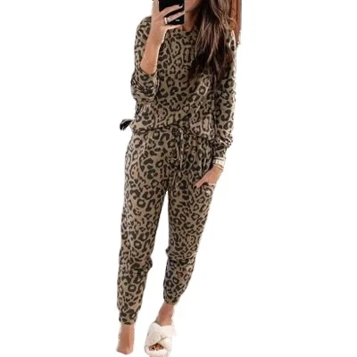 

Spring and summer 2020 Europe and the United States new home clothes leopard two piece long sleeve pants home set, Customized color