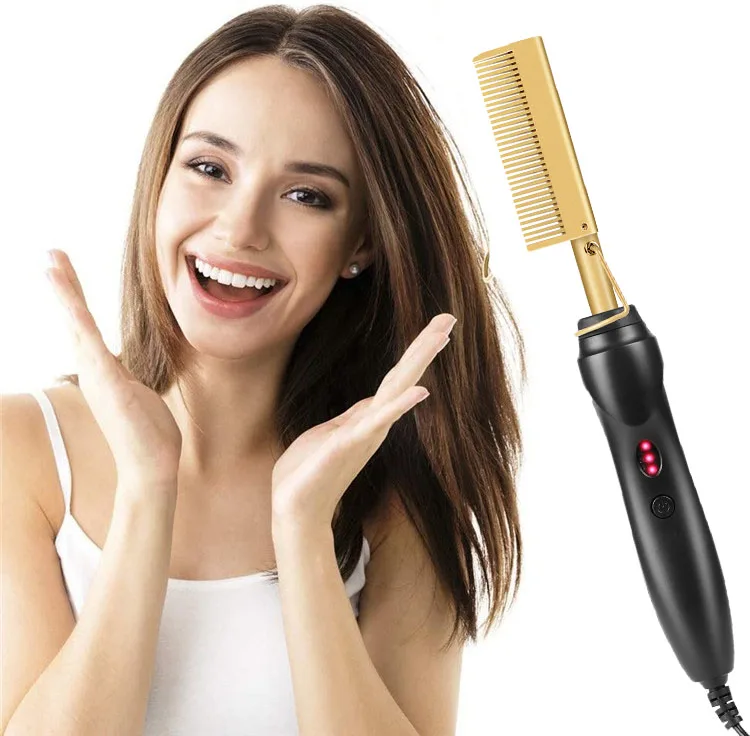 

2021 New Wet And Dry Hair Custom Private Label Curler Copper Electric Hot Comb Electric Hair Straightener Comb, Copper and black