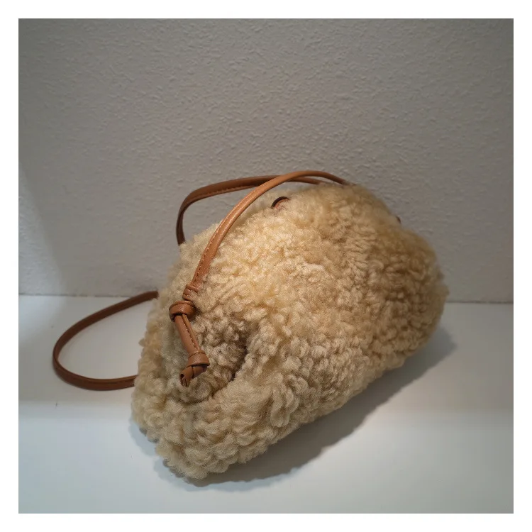 

2021 Winter Luxury Fashion Real Lamb Wool Fur Cloud Bag Ladies Fashion Clutch Hand Bag Soft Leather Dumpling Hobo Shoulder Bag