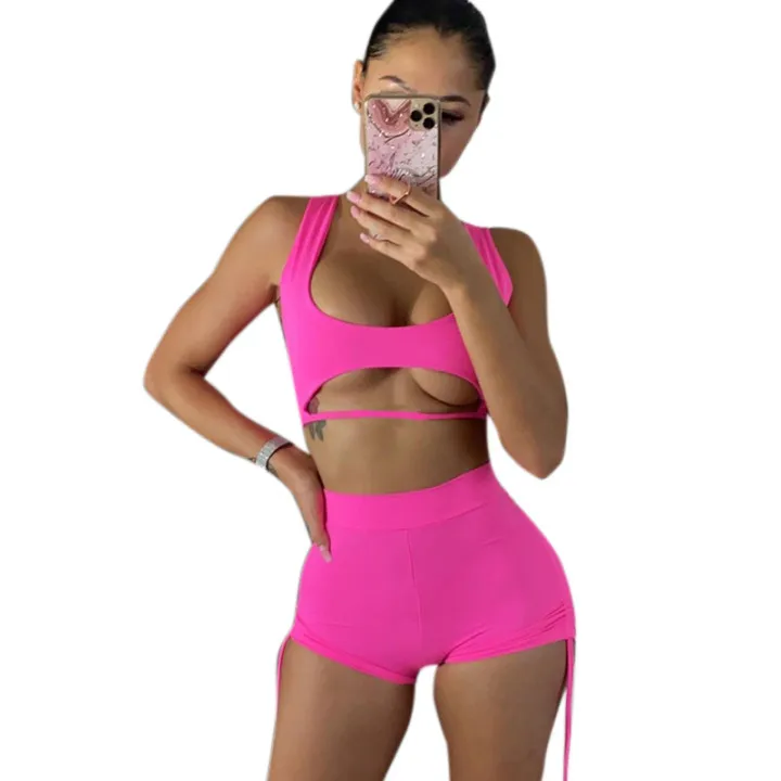 

LvCong Wholesale new arrivals fashion women casual sleeveless hollow out waistcoat shorts casual women two piece sets