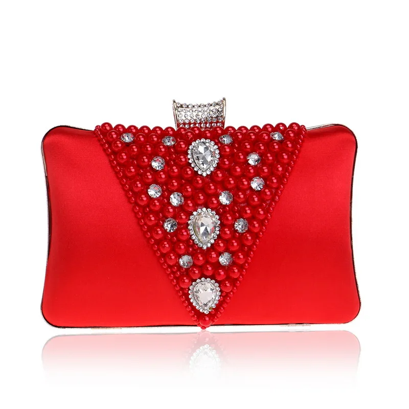 

New 2020 Embroidery Pearls Beaded Banquet clutch bag wedding purse black red girls evening party bags, Red purple black silver apricot beige