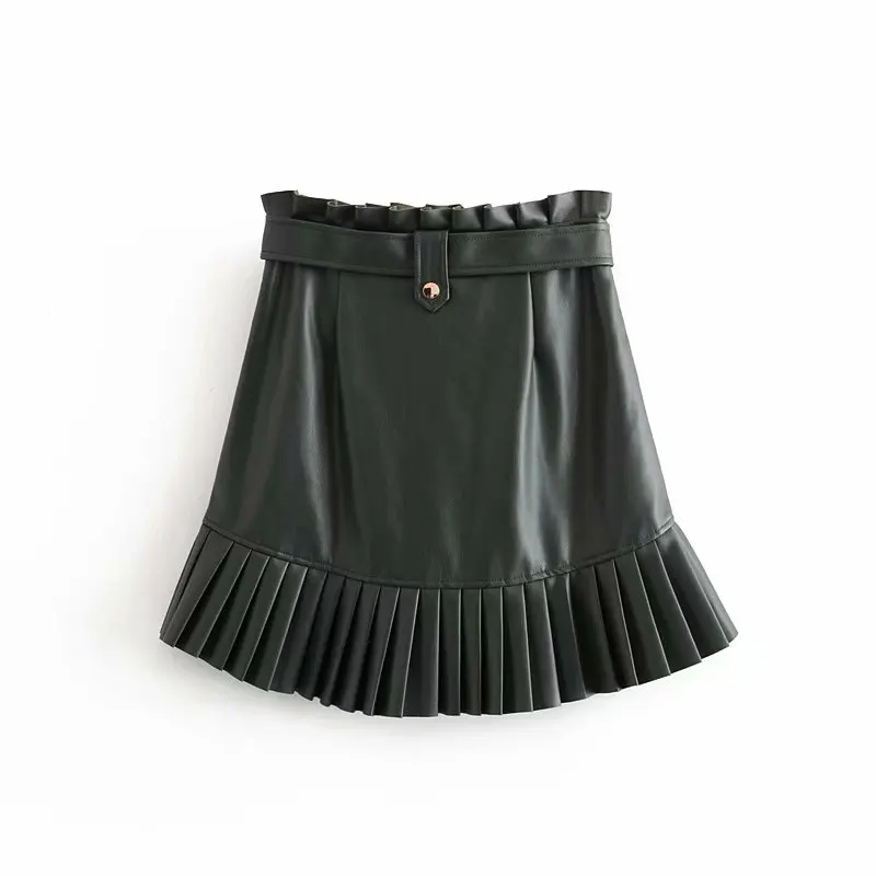 

A-line skirt high waist pack hip solid color pleated leather skirt, Dark green