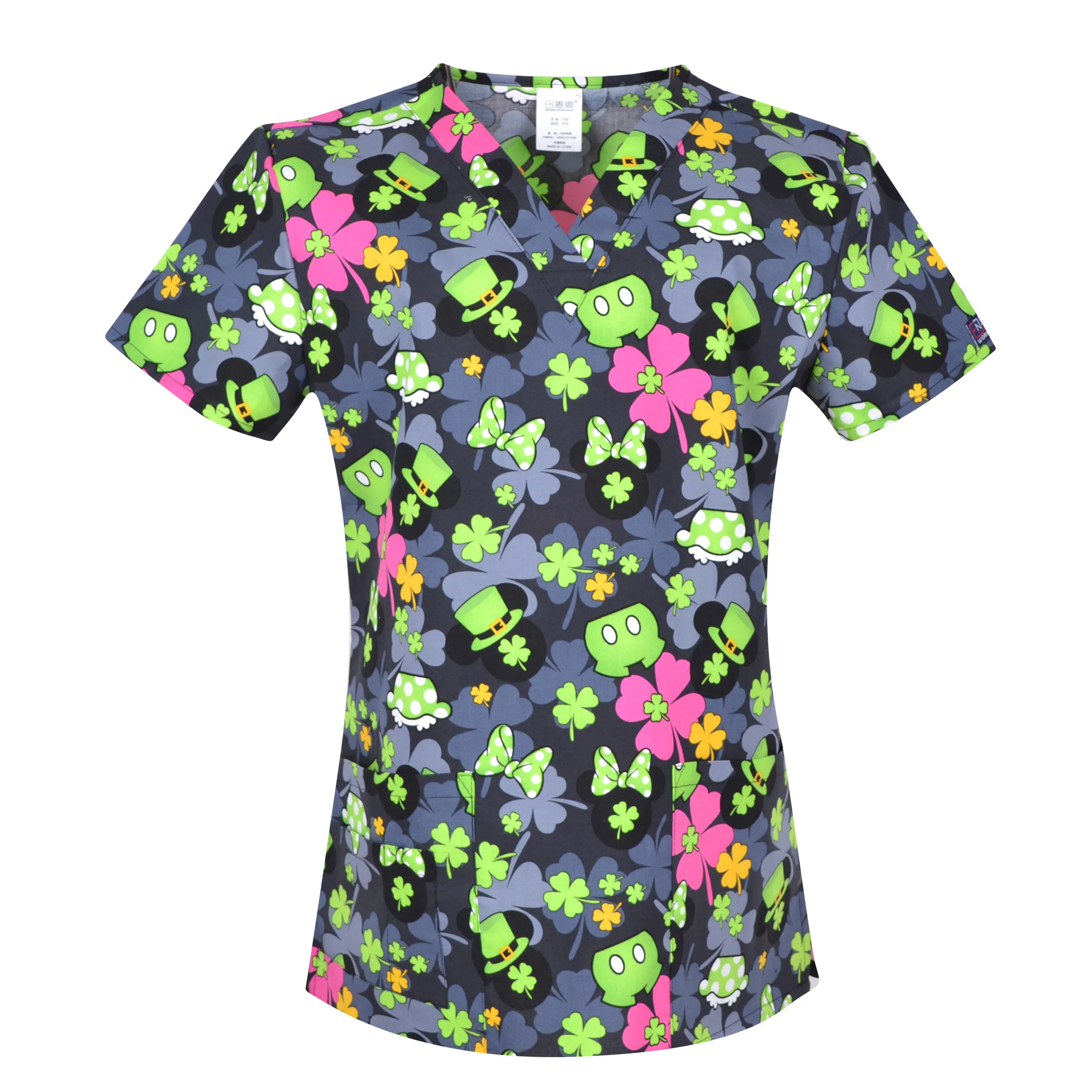 

S-XXXL women's printed V-neck short-sleeved pocket T-shirt ladies top women scrub top with V neck nursing scrubs uniform