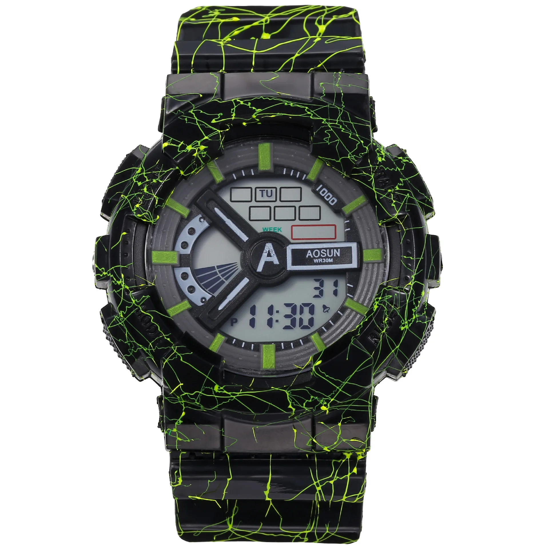 

Cool green luminous men's sports watch high-end silicone band military wrist watch LED calendar waterproof digital watch, 4 colors