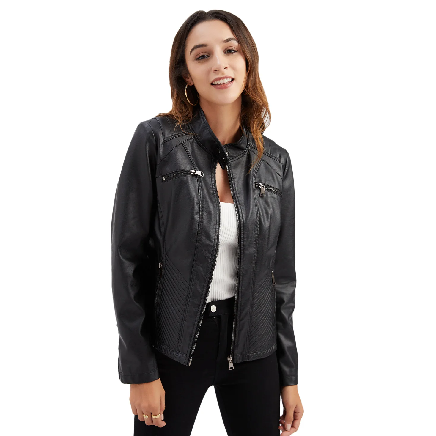 

2021 trendy Lady Washed Faux Jacket Short Double Zipper Motorcycle jacket slim fit Women PU Leather Jacket