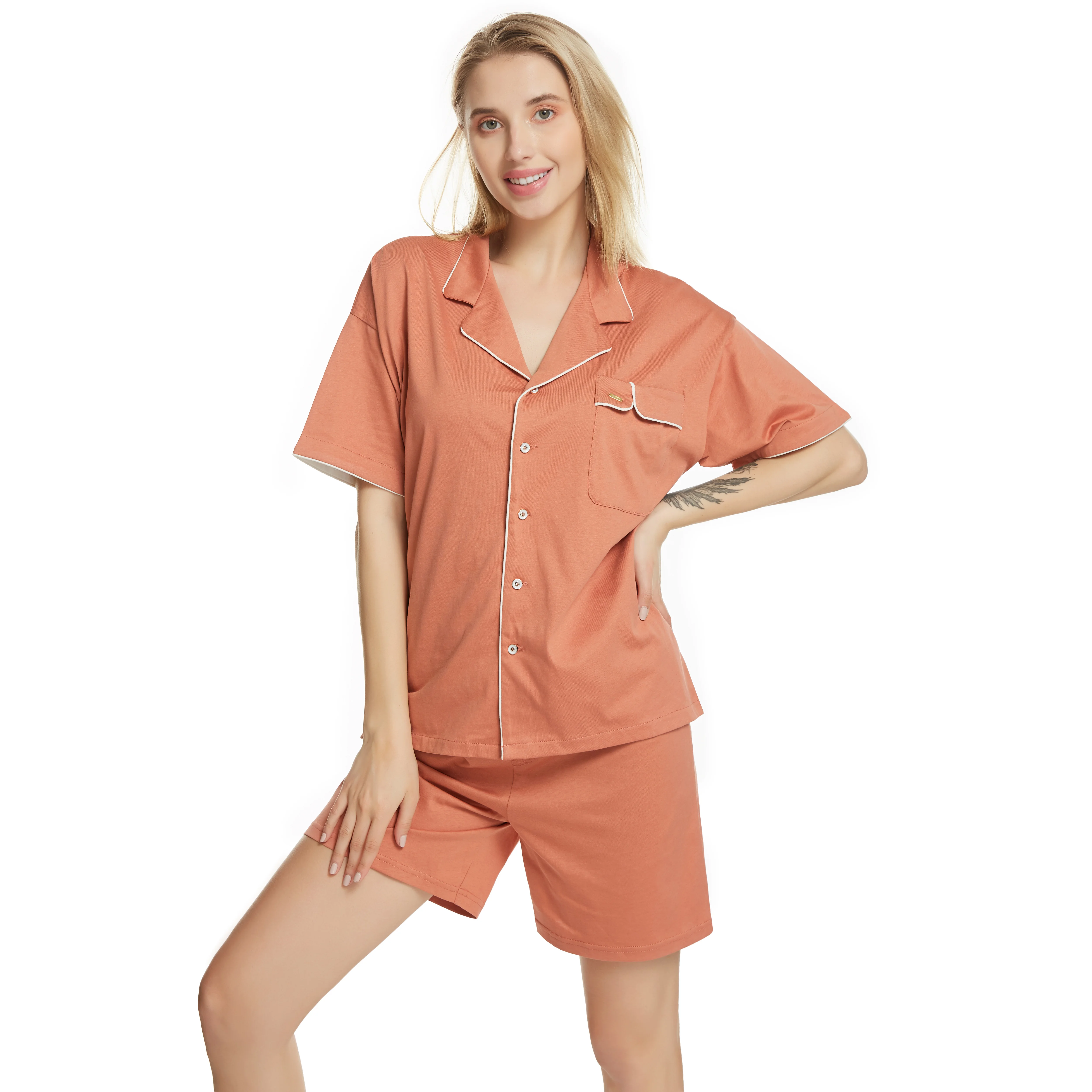 

2021 Pajamas Women's Shorts Short Sleeve Cardigan Lapel Solid Color 10 Color Home Service Set Nightdress Night Wear Nightys, Customized color