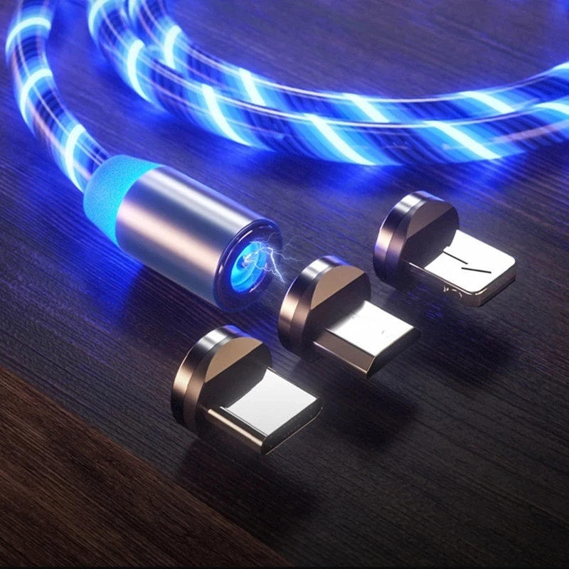 

High Quality 1M 2M 3 in 1 Led Flowing Light USB Magnetic Charger Micro Type C Lightningg Charging Cable for IOS Android, Blue /red/green/colorful