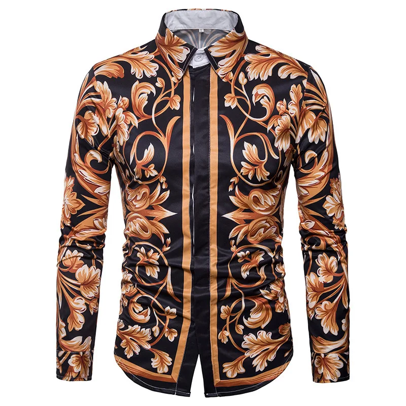 

European and American Men's Lapel Long Sleeve Shirt with 3D Creative Printing Pattern Shirt