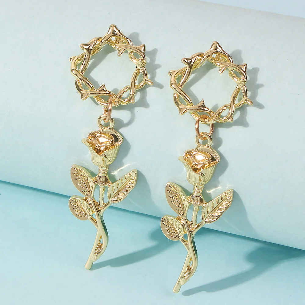 

Ins Hot Selling Alloy Flower Earrings Gold Minimalist Jewelry Earring Rose Flowers Long Stud Earrings