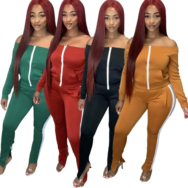 

Women Crop Top Two Piece Pants Set Outfits 2020 Off Shoulder Top and Split Hem Pants Set