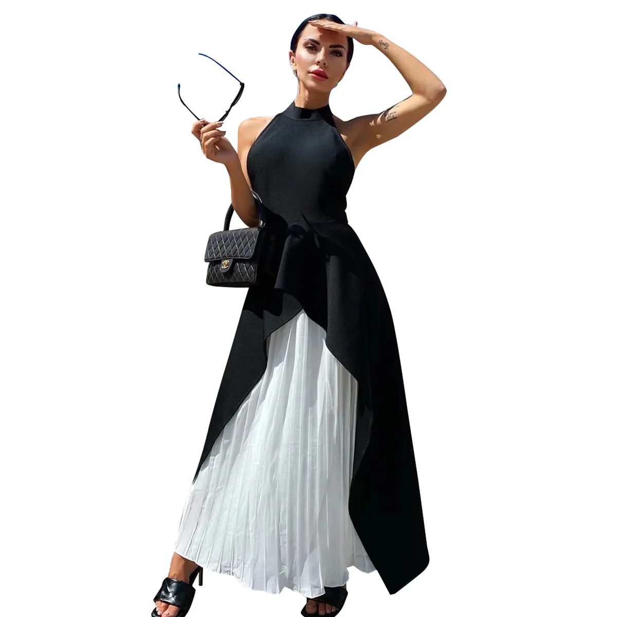 

Sexy Backless Pleated Skirt Set Evening Party Dress Set Skirt Latest Design Fashion FLARE Pants Ankle-length Pants Skinny, Black,white