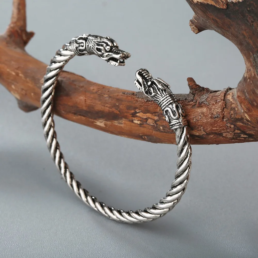 

Men Nordic Viking Dragon Bangle Antique Jewelry Silver Color Bronze Open Cuff Bracelet Scandinavian Costume Accessories