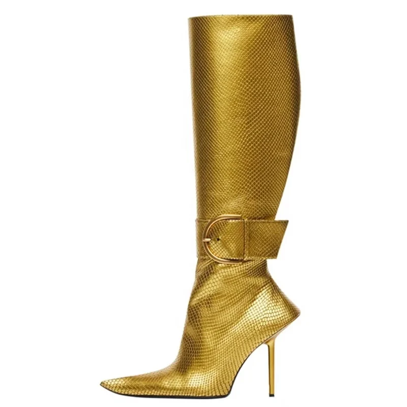 

Fashion Buckle Custom Made Women Shoes Knee High Boots Thin High Heel Pointy Toe Big Size 43 Booty