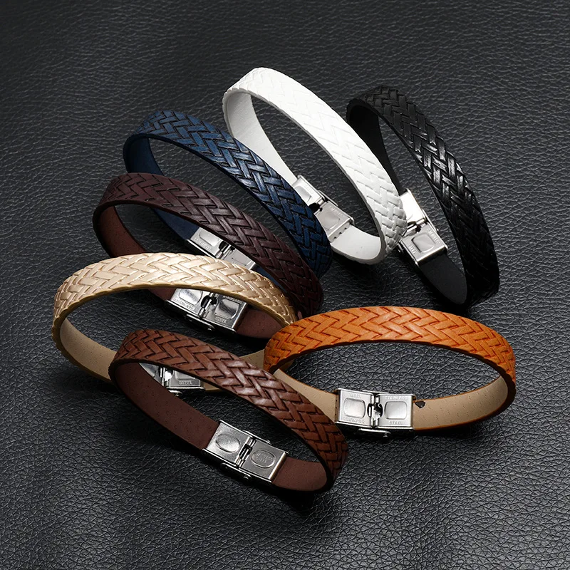 

New simple handmade retro woven stainless steel leather popular jewelry punk bracelet manufacturers