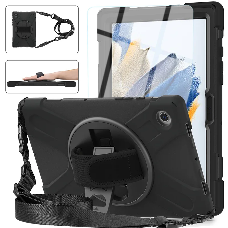 

Screen protector Hands strap and shoulder belt cover case for Samsung Galaxy Tab A8 10.5 inch built in 360 rotate kickstand