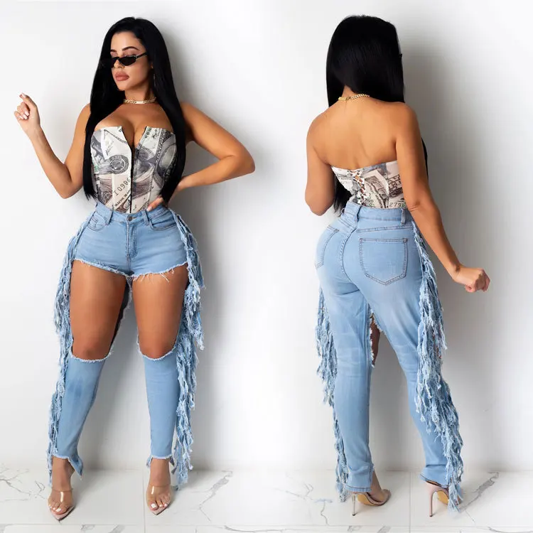 

Tassel Plus Size High Waist Stretch Ripped Denim Jeans Women