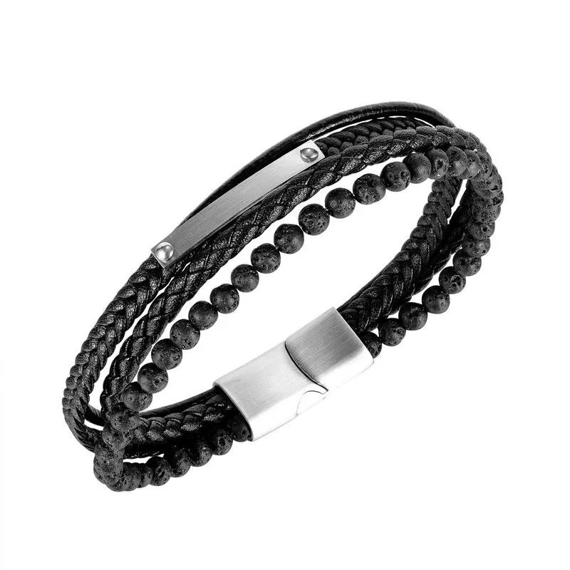 

Lava Natural Stone Bead Brushed Magnetic Clasp Mens Bracelets Black Leather Bracelet Woman