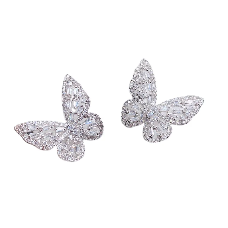 ED89326 Fashion design gold plated copper women jewelry pink zircon big butterfly stud earrings