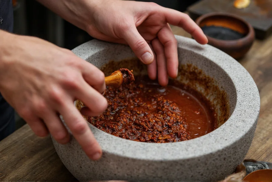 Chef preparing traditional Mexican mole sauce with rehydrated ancho chilies in a stone molcajete