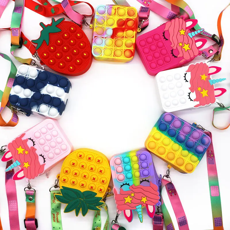 

2021 Hot Sale fashion little girl popit kid Cute Chain Silicone pop it unicorn kid coin Purse and Handbags