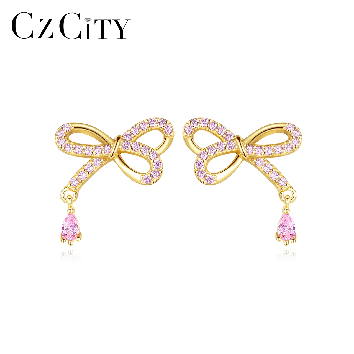 CZCITY Cubic Zircon Irregular Cute Bow Knot Gold Plated With Pink Water Drop 925 Sterling Silver Earrings