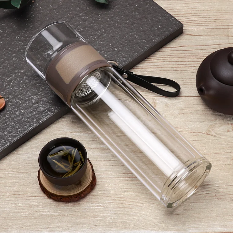 

Leak-proof 13oz Double Wall Glass Water Bottle Tea and Water Separation Tea Bottle Mug Cup with Tea Infuser and handle,, Clear color