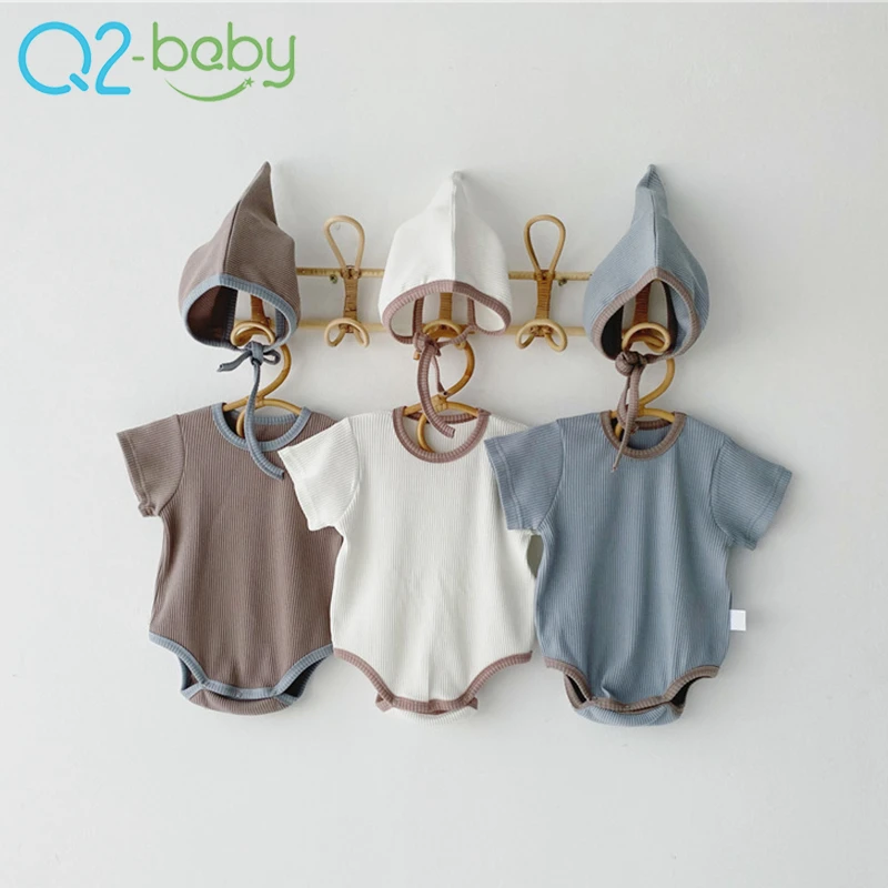 

Summer infant jumpsuit short sleeve newborn clothes baby romper with hat 3587, White,gray,blue