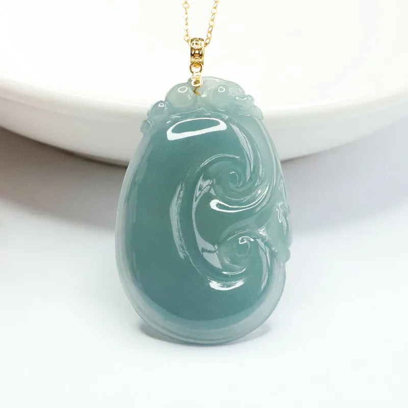 

18K Gold Inlaid Natural Emerald Pendant Blue Water Jade Ruyi Jewelry Factory Wholesale Delivery FC2112802