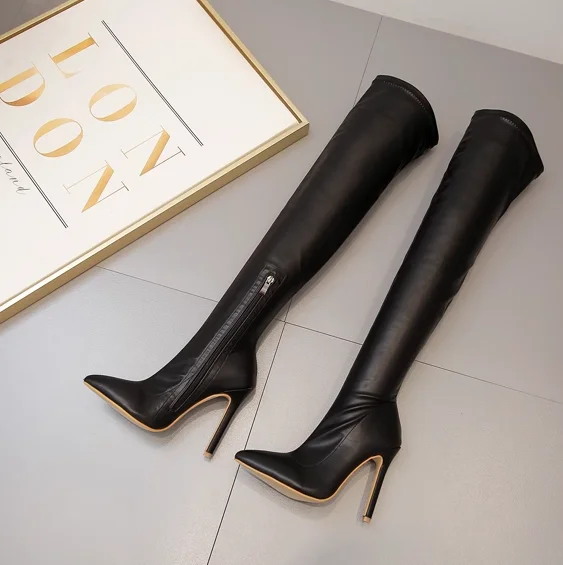 

Fancy Ladies Long Boots PU Thigh High Black Leather Boots 11 CM Stilettos High Heels Sexy Women Shoes New Styles