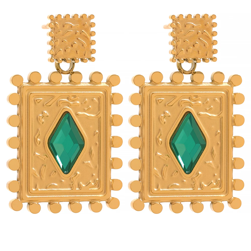 

JINYOU 435 Delicate Stainless Steel Green CZ Stylish Square Geometric Drop Earrings 18K Gold PVD Plated Fashion Aretes Jewelry