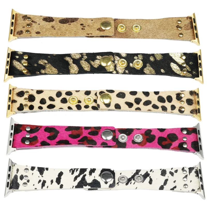 

wholesale luxury Fashion smart 38cm42cm iWatch band First layer cowhide leopard print leather designer apple watch bands, 5 colors