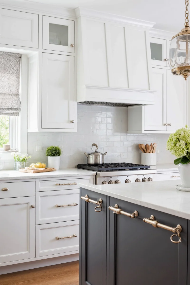 Quartz countertop sample on white and gray kitchen layout