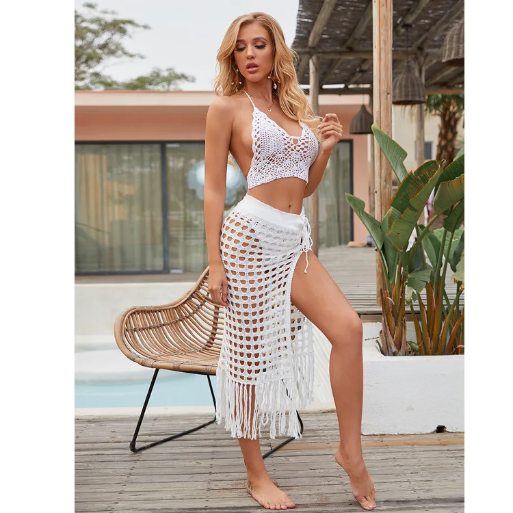 

2021 Hot Sale summer Bohemian Style Handmade Crochet tassels Cutout Skirt Hollow Out Beach Pants Sexy Swimsuit Cover Ups, Picture color