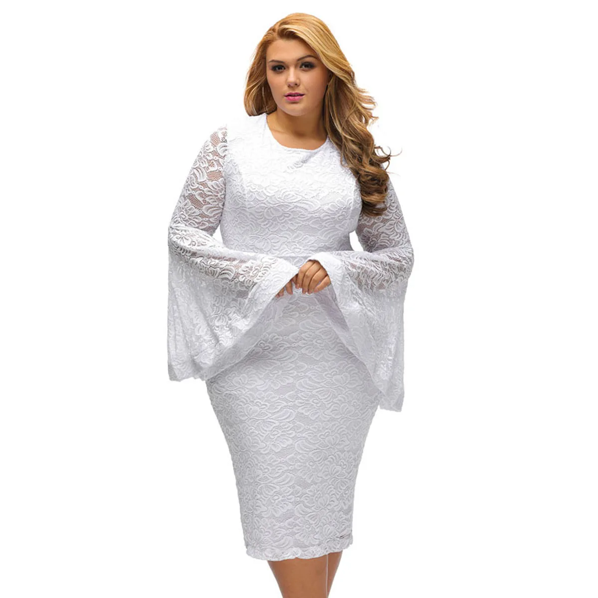 

2021 New Design Elegant Formal Bell Sleeve Womens Evening Dresses Women Casual Church Plus Size Lace Dress