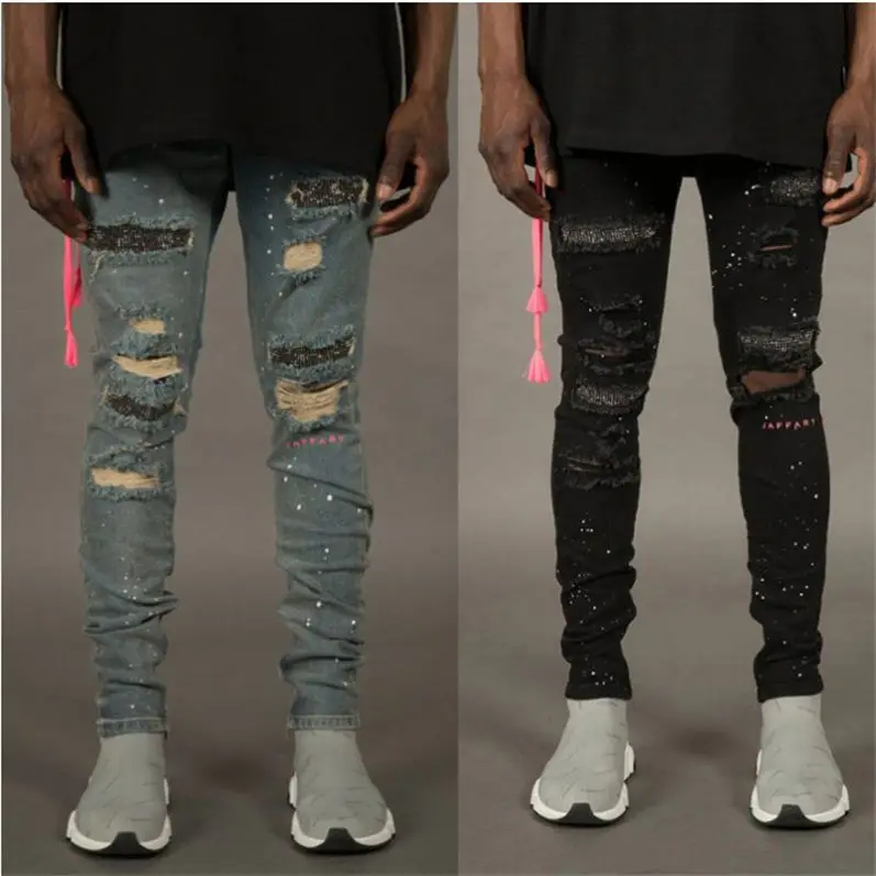 

Men's Casual Denim Pants Male Zipper Washed Painted Skinny Slim Fit Knee Hole, Customized color