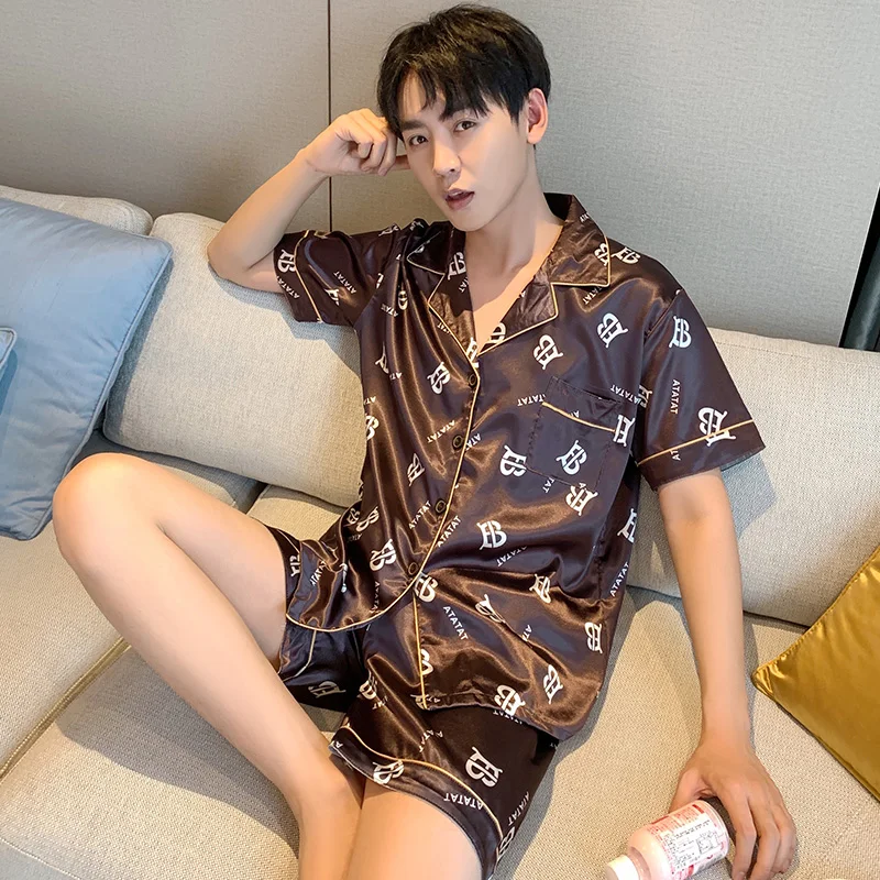 

Men Satin Silk Nightwear Pajamas Sets of T-shirt & Shorts Male Print Pijama Sleepwear Loungewear Buttons Closure
