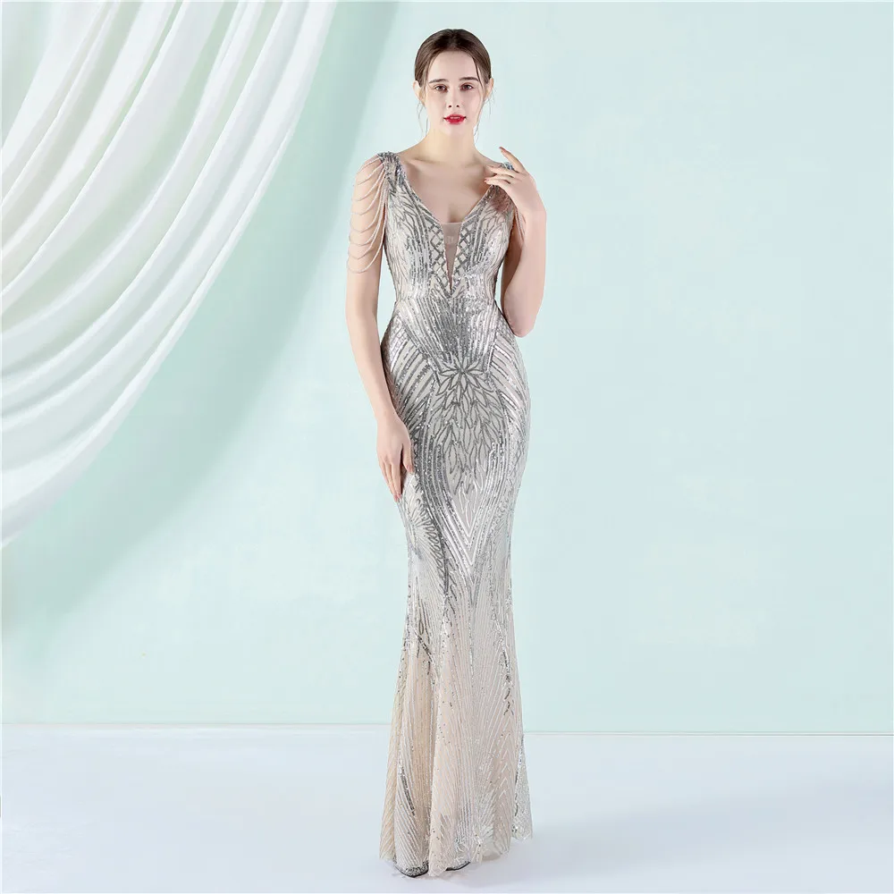 19128# Positioning Flower Bead Crafts Order Banquet Elegant Sequin Fishtail Dress