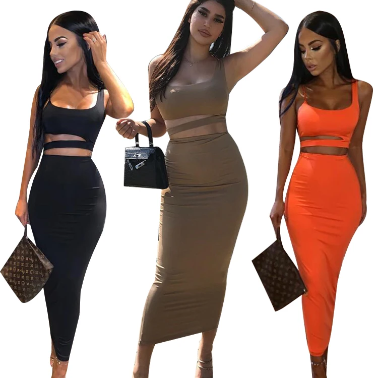 

Wholesale Double Layer Seamless Sexy Bodycon Casual Dresses Summer 2 Piece Crop Top and Skirt Sets Two Piece Set Women Clothing