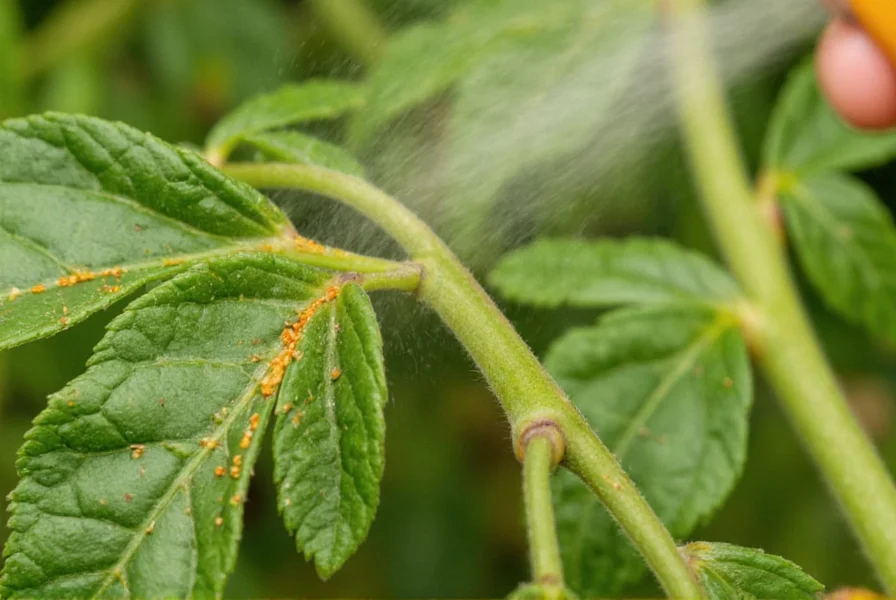 Close-up of cayenne pepper garlic powder spray being applied to tomato plant leaves showing droplets on foliage
