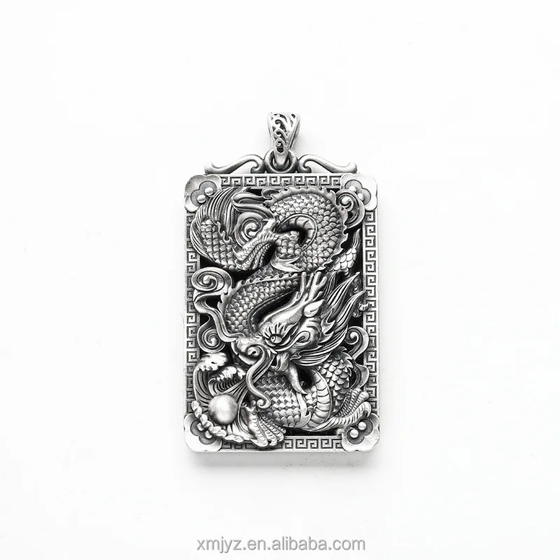 

Certified Sterling Silver 999 Hollow Relief Dragon Pendant Necklace Car Key Chain Retro Square Plate Sterling Silver