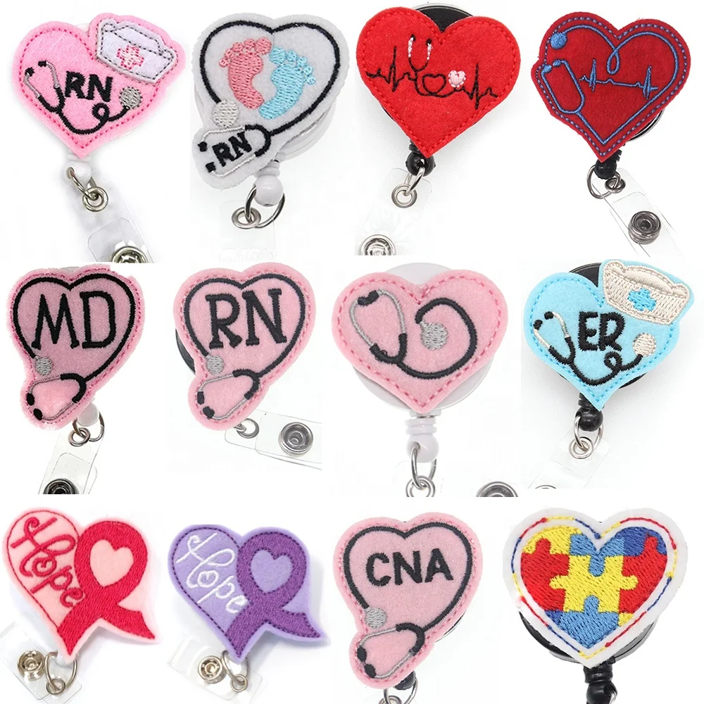Nurse Accessories Popular Medical Heart Shape Stethoscope Retractable Felt Badge Holder Reel, Many colors, as your requests