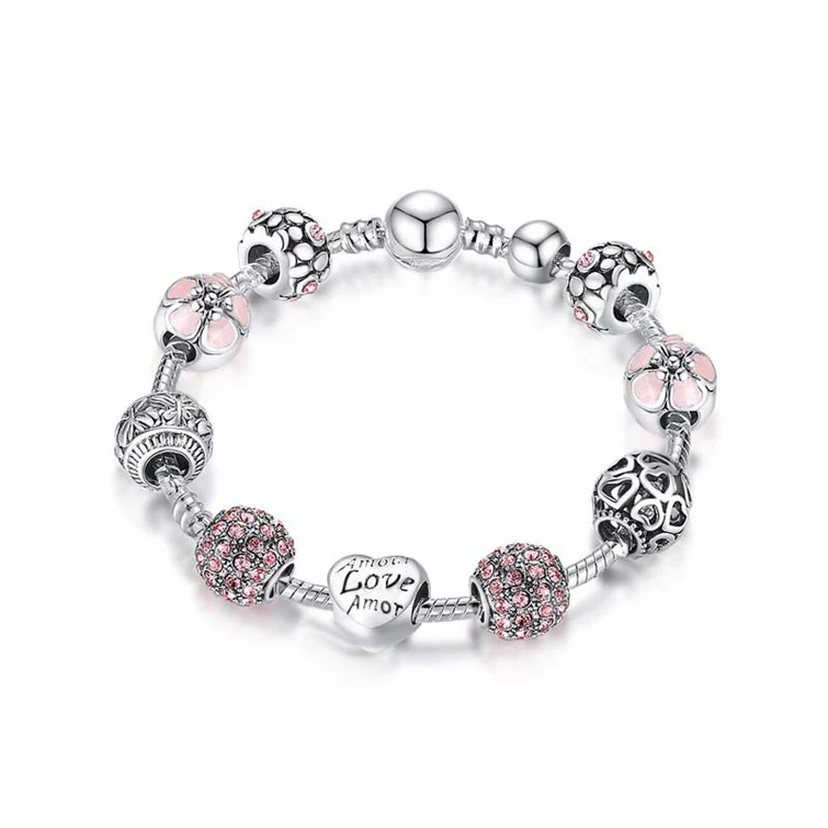 

Antique Silver Charm Bracelet & Bangle with Love and Flower Beads Women Wedding Jewelry, 4 colors